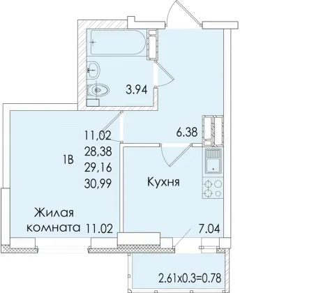 Продажа 1-комнатной квартиры 29,2 м², 19/20 этаж