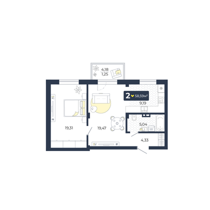 Продажа 2-комнатной квартиры 58,6 м², 2/5 этаж