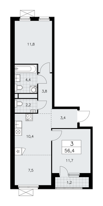 56,4 м², своб. планировка, 13/16 этаж