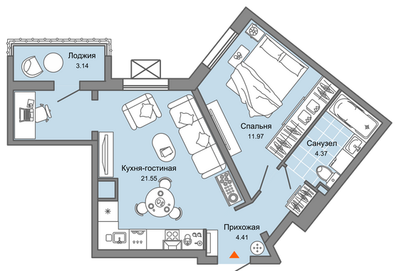 44 м², 2-комн. квартира, 9/9 этаж