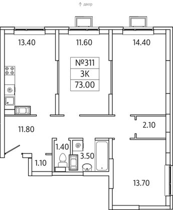 73 м², 3-комн. квартира, 20/20 этаж