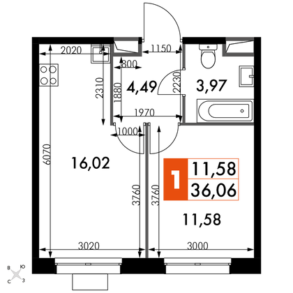 36,1 м², 1-комн. квартира, 3/15 этаж