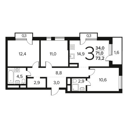 73,2 м², 3-комн. квартира, 7/14 этаж