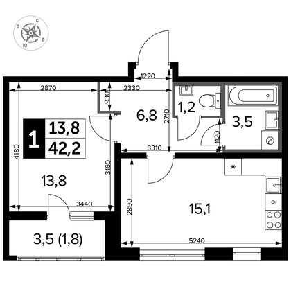 42,2 м², 1-комн. квартира, 17/24 этаж