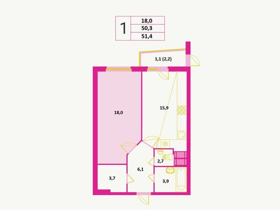 51,4 м², 1-комн. квартира, 5/25 этаж