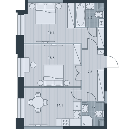 60,9 м², 2-комн. квартира, 15/34 этаж