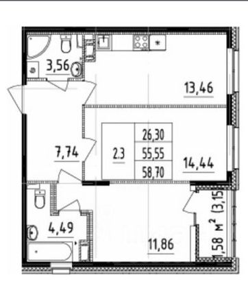 Продажа 2-комнатной квартиры 58,7 м², 6/21 этаж
