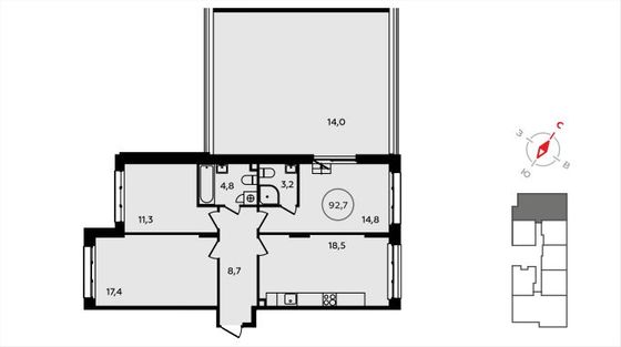 92,7 м², 3-комн. квартира, 2/14 этаж