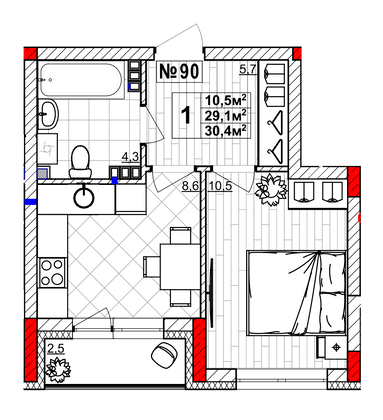 Продажа 1-комнатной квартиры 30,4 м², 3/4 этаж