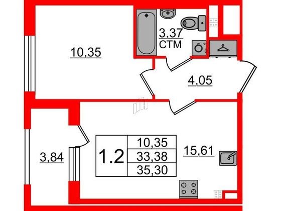 Продажа 1-комнатной квартиры 33,4 м², 3/4 этаж