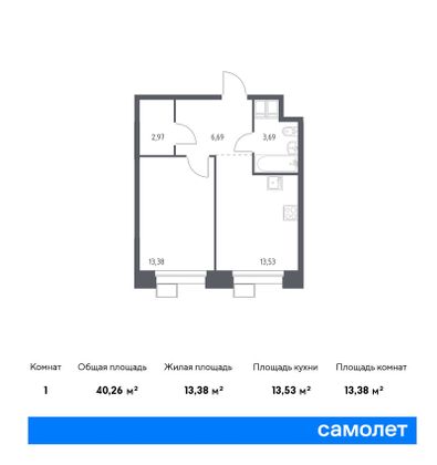 40,3 м², 1-комн. квартира, 21/23 этаж