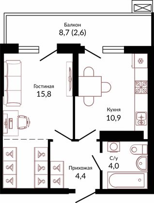 37,7 м², 1-комн. квартира, 19/23 этаж