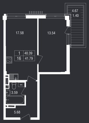 Продажа 1-комнатной квартиры 41,8 м², 3/8 этаж