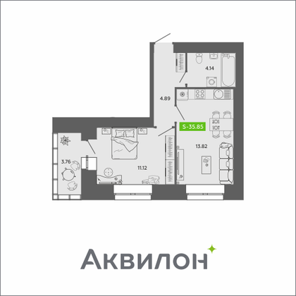 35,8 м², 1-комн. квартира, 9/11 этаж