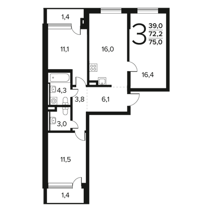 75 м², 3-комн. квартира, 2/11 этаж