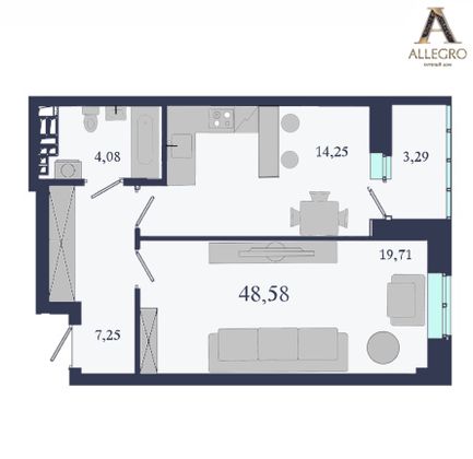 48,6 м², 1-комн. квартира, 6/19 этаж