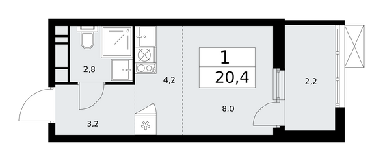 20,4 м², 1-комн. квартира, 11/17 этаж