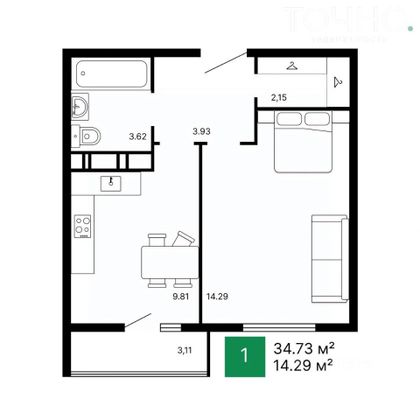 Продажа 1-комнатной квартиры 37 м², 11/17 этаж