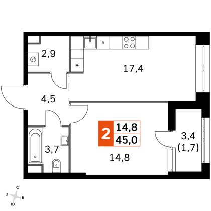 45,6 м², 1-комн. квартира, 24/26 этаж