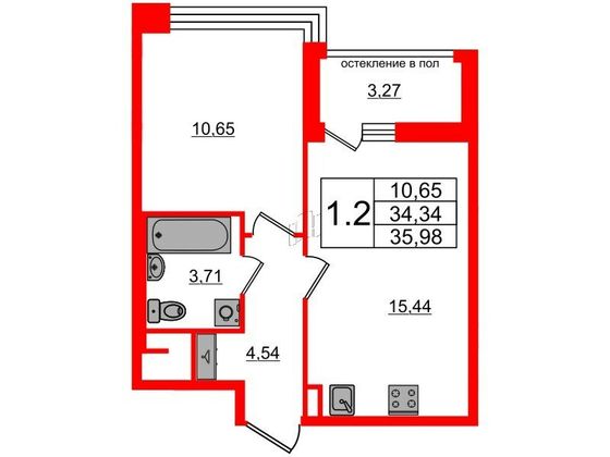 Продажа 1-комнатной квартиры 34,3 м², 2/6 этаж