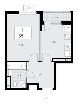 35,1 м², своб. планировка, 13/16 этаж