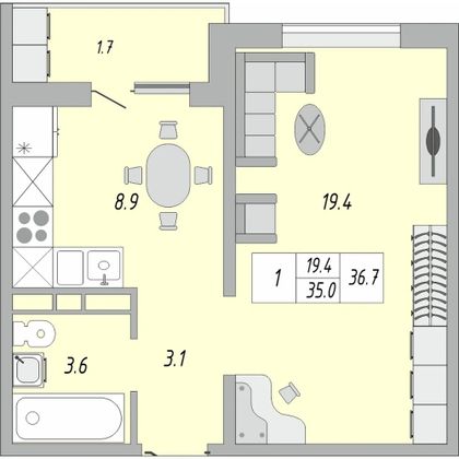 Продажа 1-комнатной квартиры 37 м², 1/19 этаж