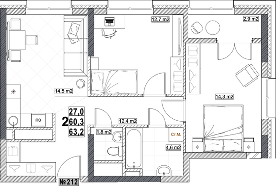 Продажа 2-комнатной квартиры 63,2 м², 9/24 этаж