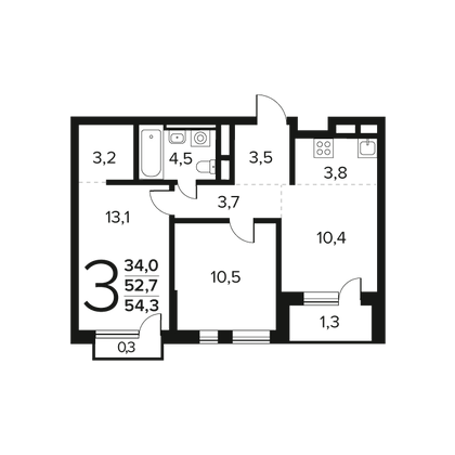 Продажа 3-комнатной квартиры 54,3 м², 3/14 этаж