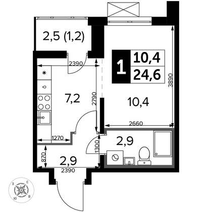 24,6 м², 1-комн. квартира, 12/12 этаж