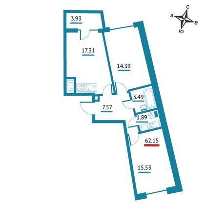 62,2 м², 2-комн. квартира, 13/22 этаж