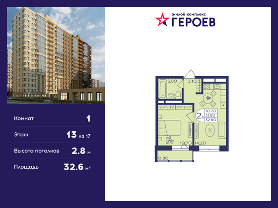 32,6 м², 1-комн. квартира, 13/17 этаж