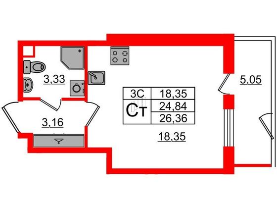 Продажа квартиры-студии 24,8 м², 1/5 этаж