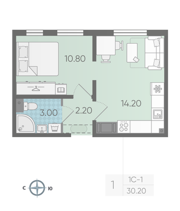 Продажа 1-комнатной квартиры 30,2 м², 6/16 этаж