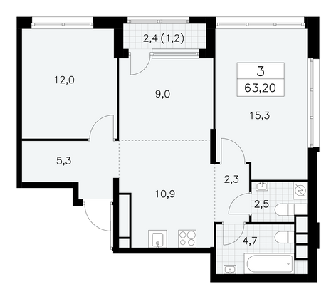 63,2 м², 3-комн. квартира, 28/30 этаж