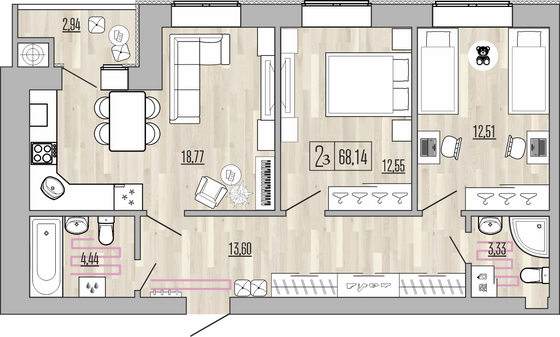 68,1 м², 2-комн. квартира, 10/10 этаж