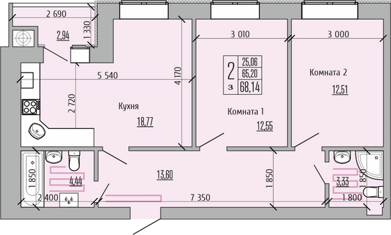 Продажа 2-комнатной квартиры 68,1 м², 6/10 этаж