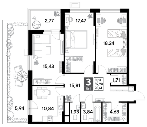 Продажа 3-комнатной квартиры 98,6 м², 2/25 этаж