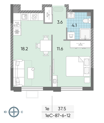 Продажа 1-комнатной квартиры 37,5 м², 12/24 этаж
