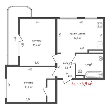 Продажа 2-комнатной квартиры 55,9 м², 3/12 этаж