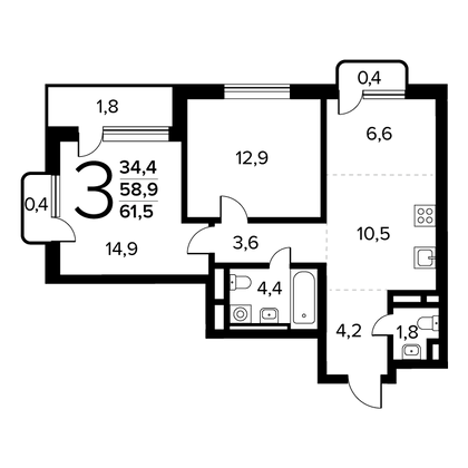 61,5 м², 3-комн. квартира, 8/14 этаж
