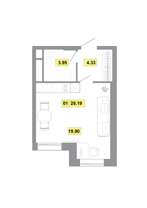 Продажа 1-комнатной квартиры 28,2 м², 9 этаж