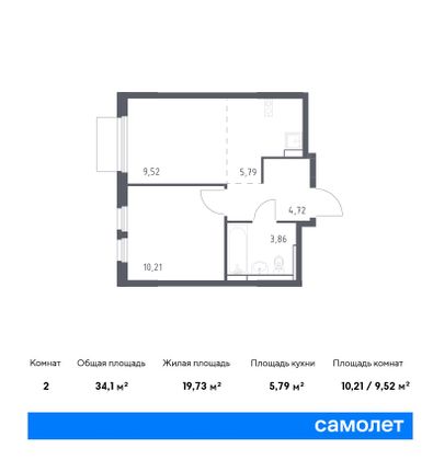 34,1 м², 2-комн. квартира, 13/17 этаж