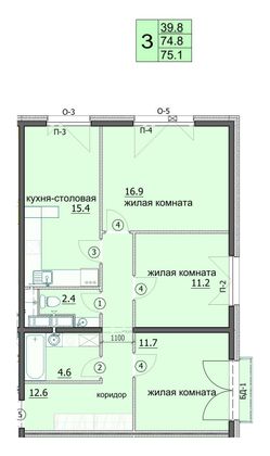 75,1 м², 3-комн. квартира, 16/18 этаж