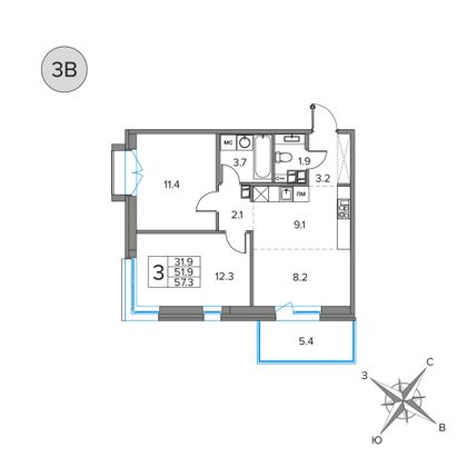 57,3 м², 3-комн. квартира, 2/5 этаж