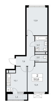 50,6 м², своб. планировка, 15/16 этаж