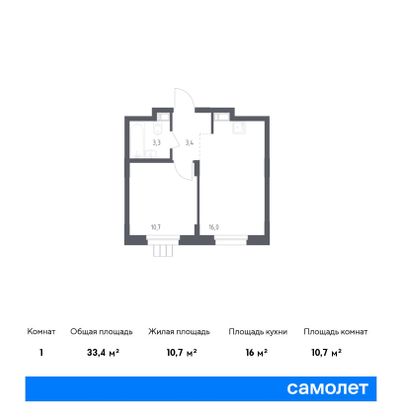 33,4 м², 1-комн. квартира, 17/17 этаж