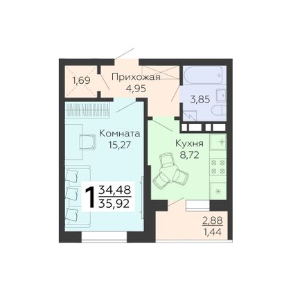 Продажа 1-комнатной квартиры 35,9 м², 6/18 этаж