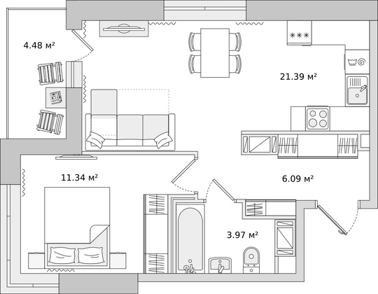 43,5 м², 1-комн. квартира, 15/17 этаж