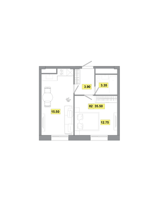 35,5 м², 2-комн. квартира, 2 этаж