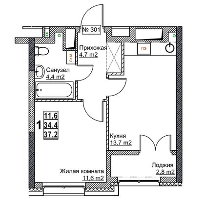 Продажа 1-комнатной квартиры 37,2 м², 22/24 этаж